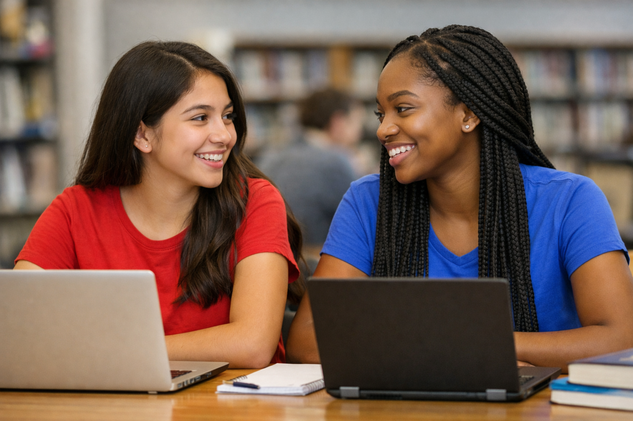 Two students smiling and studying together with laptops in a school library